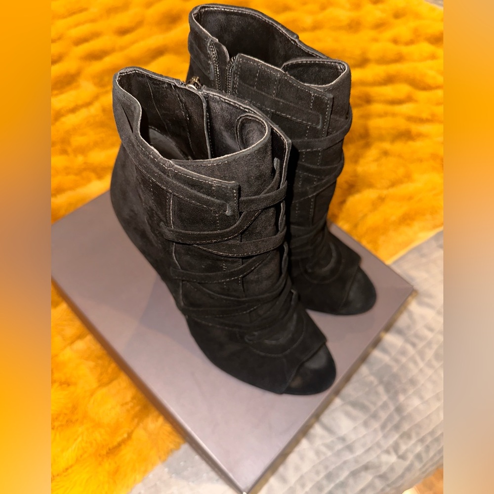Black suede 3.5 in suede heel bootie with inside zipper